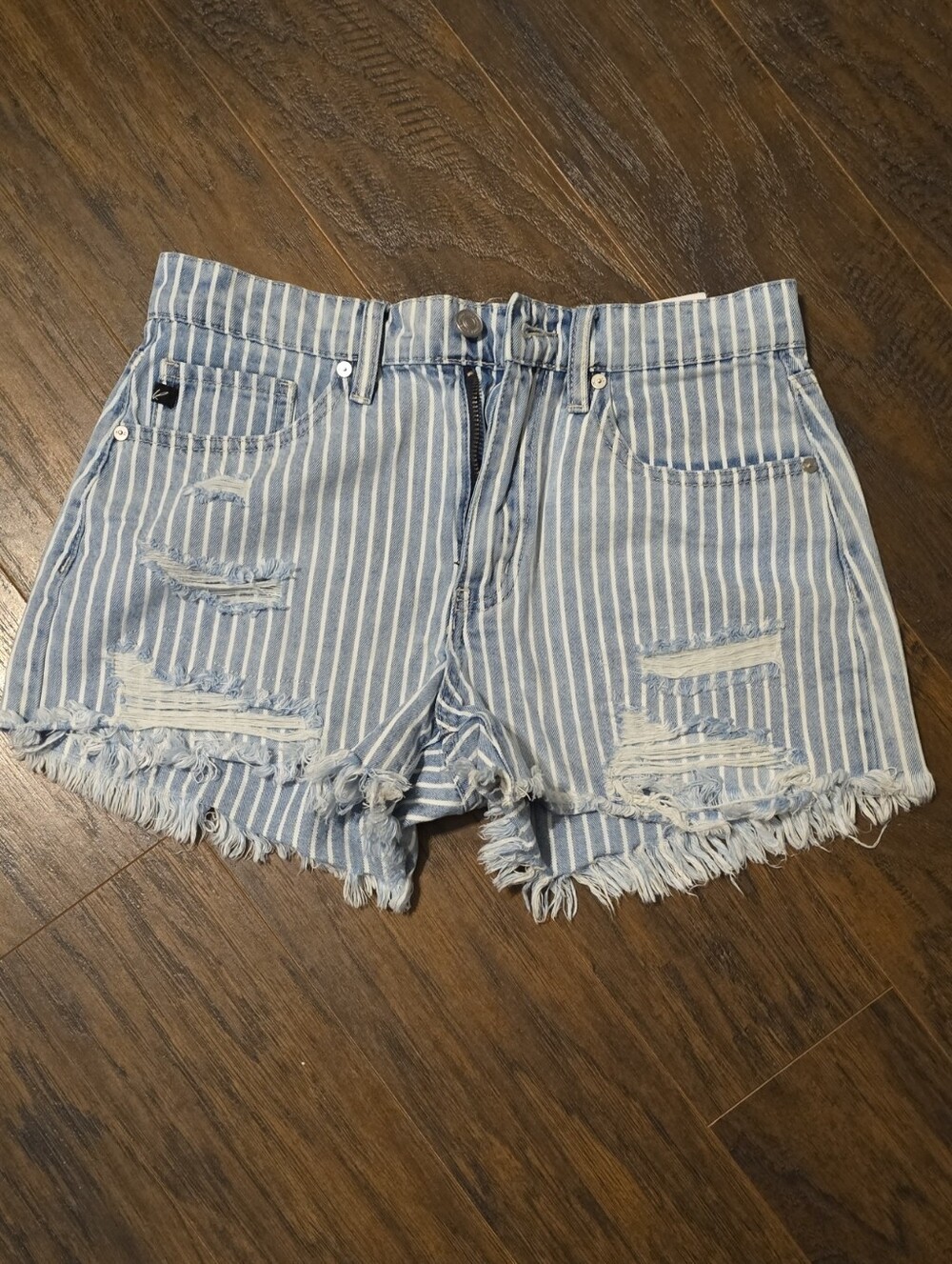 KanCan Light Blue and White Striped Distressed Denim Shorts